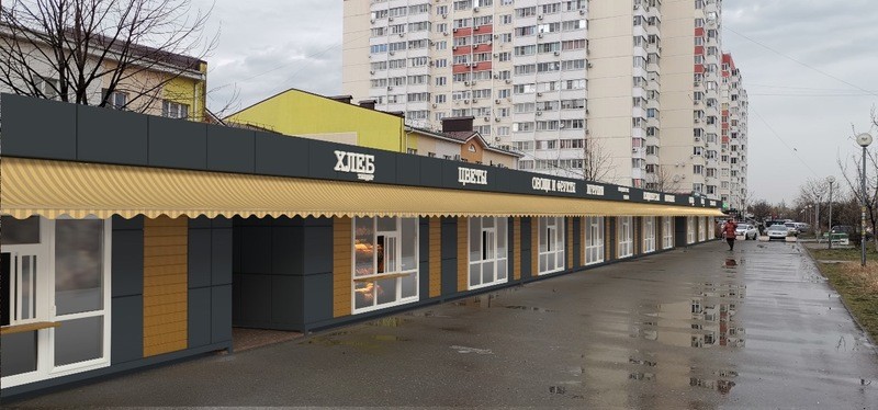 торговый ряд из павильонов